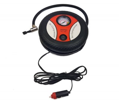 АВТОАКСЕСОАРИ Компресор за гуми с манометър, 12V с букса за запалка - кръгъл